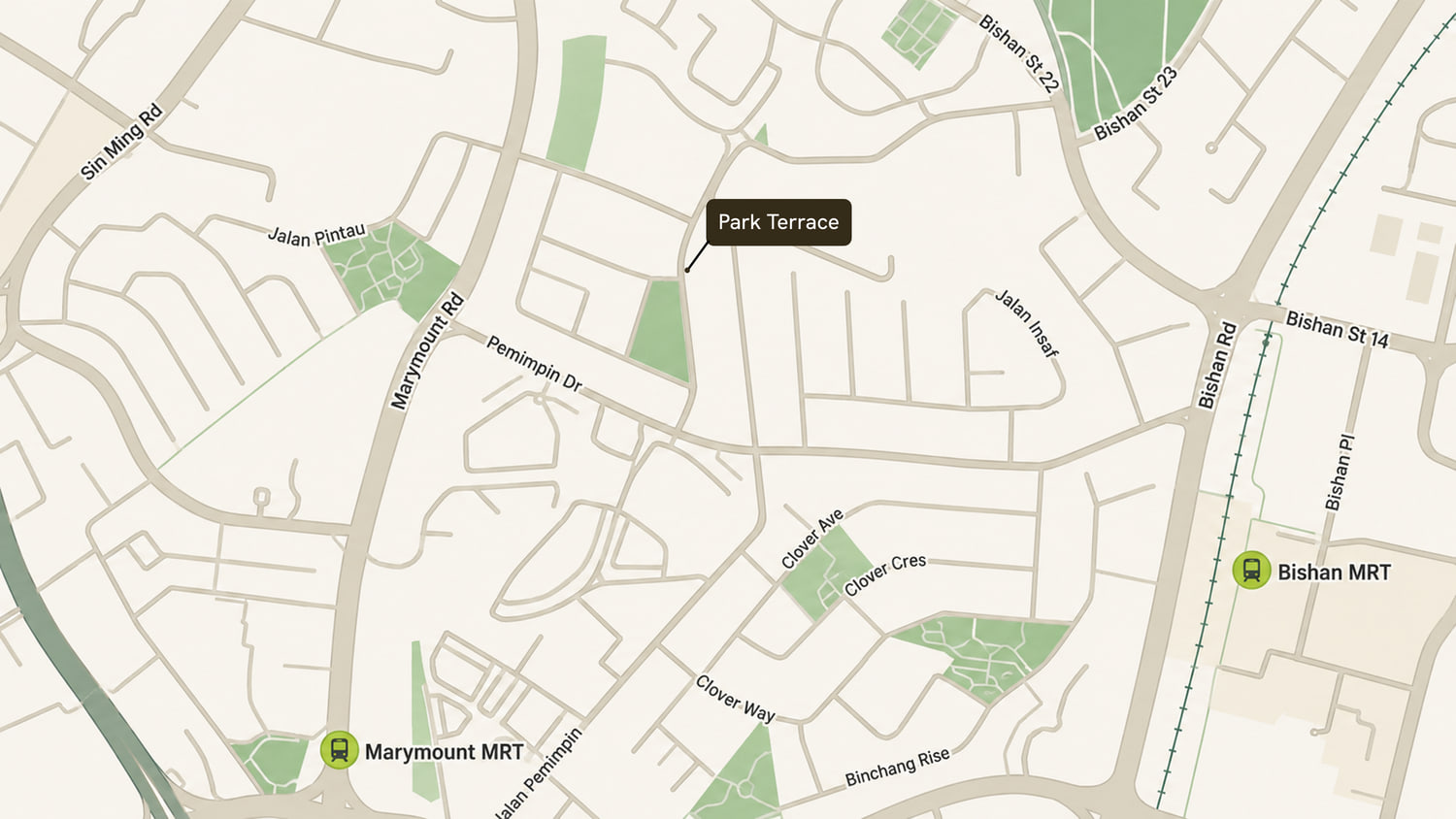 Map of Park Terrace at Pemimpin Drive, between Marymount MRT and Bishan MRT