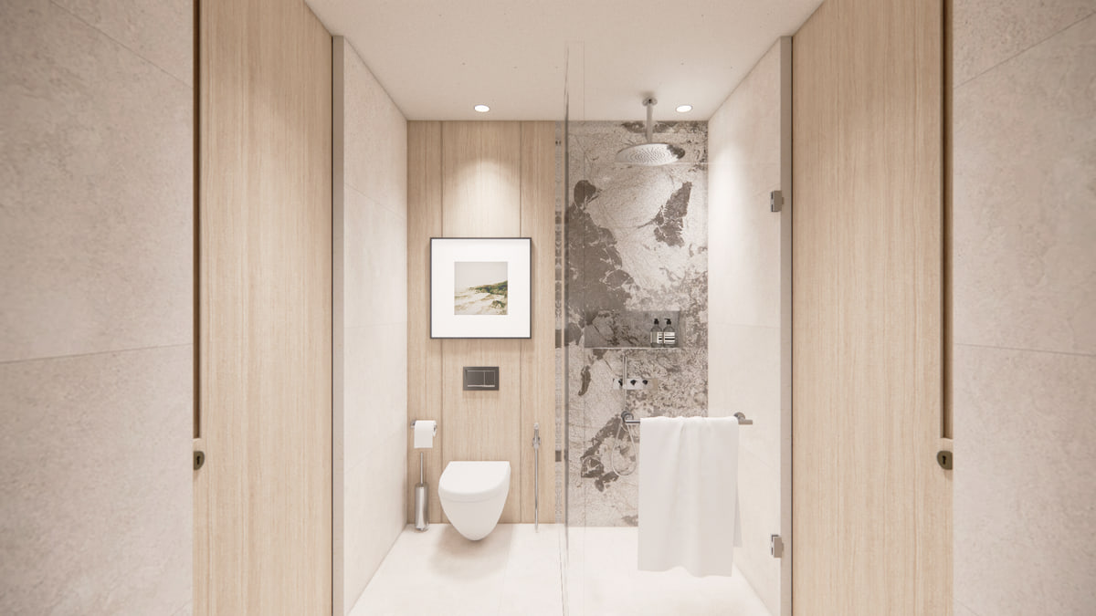 Rain shower bathroom with stone feature wall