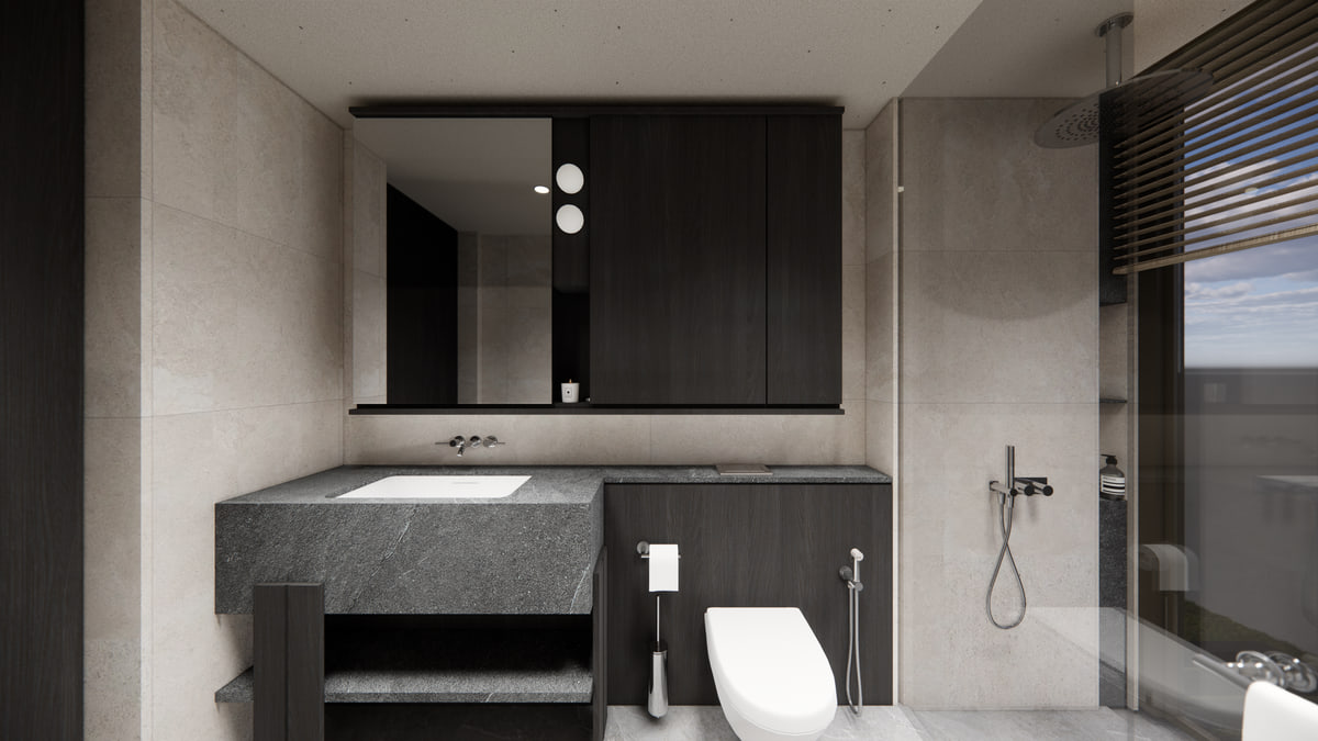 Master Bathroom 1 with stone mosaic walls and walk-in rain shower