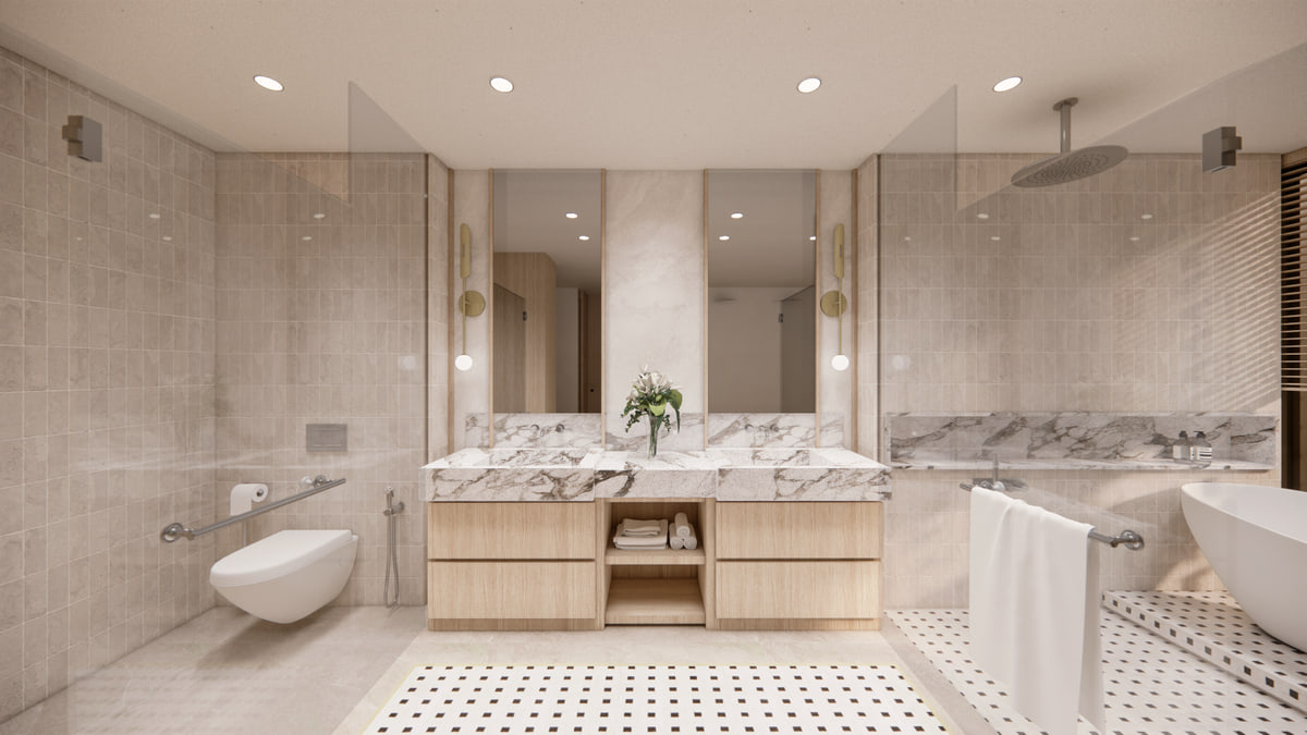 Master Bathroom 2 with freestanding tub and marble twin vanities